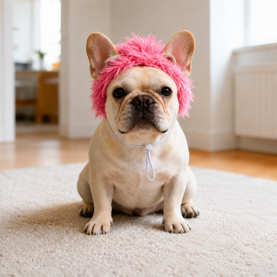 French bulldog wearing a pink fluffy pet wig with adjustable chin strap indoors