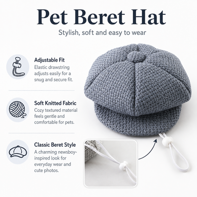 Soft Adjustable Knitted Pet Beret Hat Features Knitted pet beret hat with adjustable drawstring, soft fabric and classic newsboy style