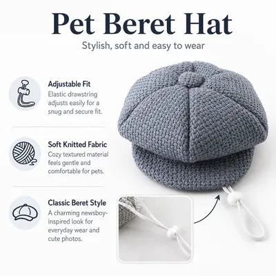 Soft Adjustable Knitted Pet Beret Hat Features Knitted pet beret hat with adjustable drawstring, soft fabric and classic newsboy style