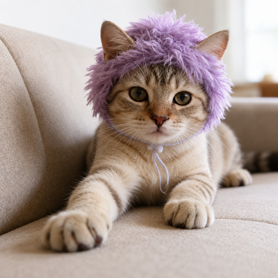 Cat wearing a purple fluffy costume wig while relaxing on a sofa indoors