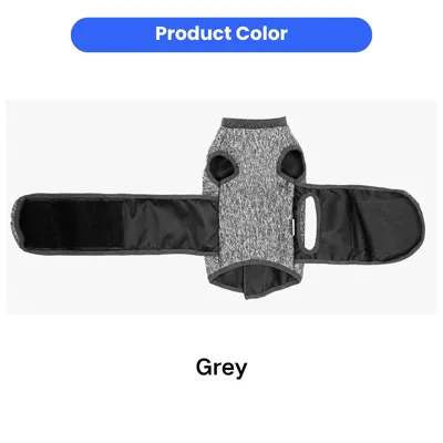 Grey cat calming vest with adjustable wraparound straps displayed on a white background