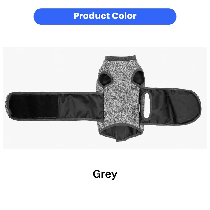 Grey cat calming vest with adjustable wraparound straps displayed on a white background