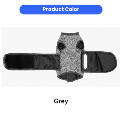 Grey Cat Calming Vest Product Color Grey cat calming vest with adjustable wraparound straps displayed on a white background