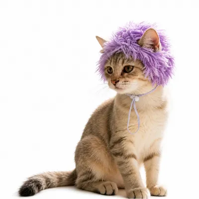 Cat wearing a purple fluffy pet wig with ear holes and adjustable chin strap