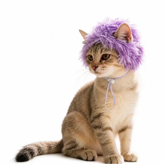 Purple Pet Wig for Cats with Adjustable Strap Cat wearing a purple fluffy pet wig with ear holes and adjustable chin strap