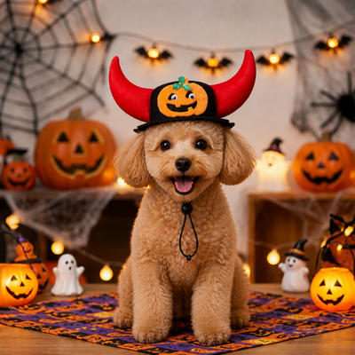 Halloween Devil Horn Pumpkin Hat for Dogs Small dog wearing Halloween pumpkin devil horn hat in festive Halloween room