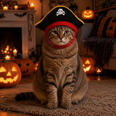 Cat Wearing Halloween Pirate Hat Costume Tabby cat wearing a black and red pirate hat with skull design in a Halloween room decorated with pumpkins and candles.