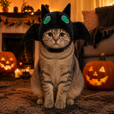 Cat Wearing Halloween Black Bat Hat Costume Cat wearing a black plush bat hat with wings in a Halloween room decorated with pumpkins and lights