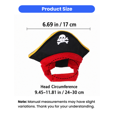 Halloween Pet Pirate Hat Size Guide Halloween pet pirate hat size chart showing 6.69 inch width and adjustable 9.45 to 11.81 inch head circumference.