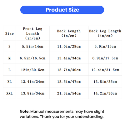 Dog Leg Warmer Protector Size Chart S to XXL Dog leg warmer protector size chart with front leg, back length and back leg measurements from S to XXL