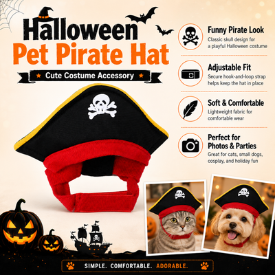 Adjustable Halloween Pirate Costume Hat for Pets Halloween pirate costume hat for cats and small dogs with skull design, adjustable fit and lightweight comfortable fabric.
