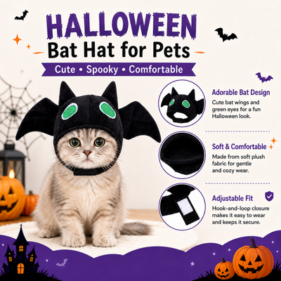 Halloween Bat Costume Hat Features for Pets Halloween bat hat for cats and dogs with soft plush material, bat wings and adjustable hook and loop closure