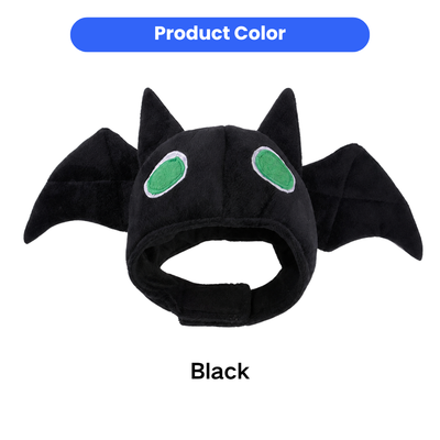 Black Plush Halloween Pet Bat Hat Color Black Halloween pet bat hat with soft plush fabric, bat wings, pointed ears and green embroidered eyes