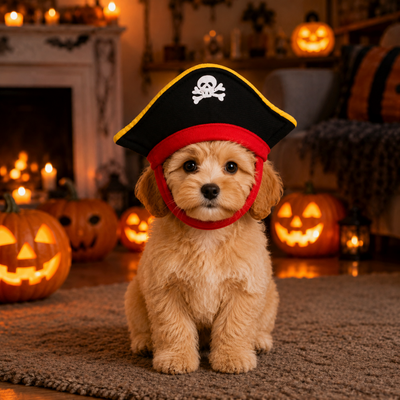 Small Dog Wearing Halloween Pet Pirate Hat Small dog wearing an adjustable black and red Halloween pirate hat surrounded by glowing pumpkins and Halloween decorations.