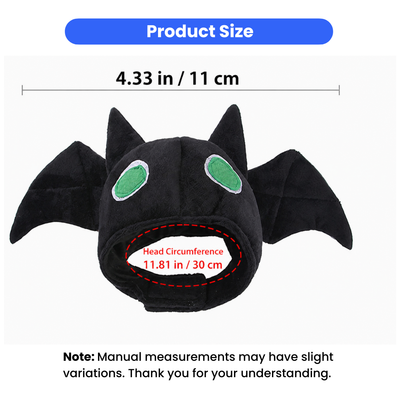 Halloween Pet Bat Hat Size and Measurements Halloween bat hat for pets measuring 4.33 inches wide with 11.81 inch head circumference