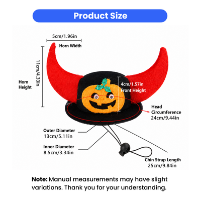 Halloween Pet Devil Horn Hat Size Guide Halloween pet devil horn hat size chart with head circumference and adjustable chin strap measurements