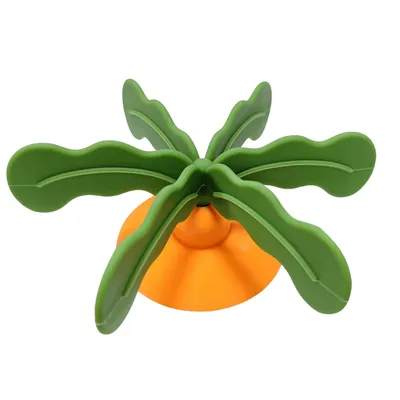 Orange suction base dog slow feeder with green palm tree food divider on white background