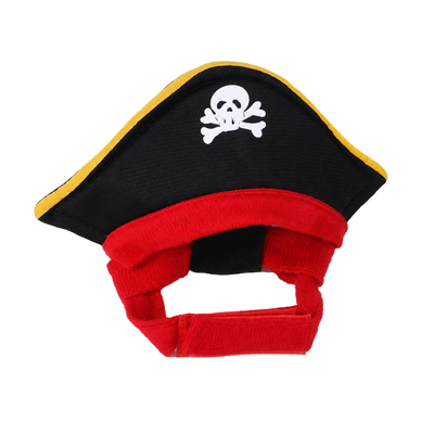 Halloween Pet Pirate Hat for Cats and Small Dogs Black and red Halloween pet pirate hat with skull design and adjustable chin strap for cats and small dogs.