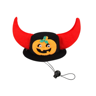 Halloween Devil Horn Pumpkin Pet Hat for Dogs and Cats Halloween pet hat with red devil horns and pumpkin design for dogs and cats