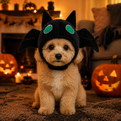 Dog Wearing Halloween Bat Hat Costume Small dog wearing a black Halloween bat hat with wings and green eyes beside glowing pumpkins