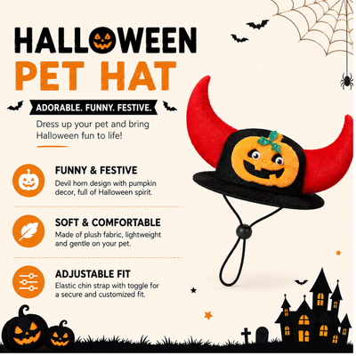 Adjustable Plush Halloween Devil Horn Pet Hat Soft plush Halloween pet hat with devil horns pumpkin design and adjustable chin strap