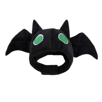 Black plush Halloween bat hat for cats and small dogs with wings, green eyes and adjustable chin strap