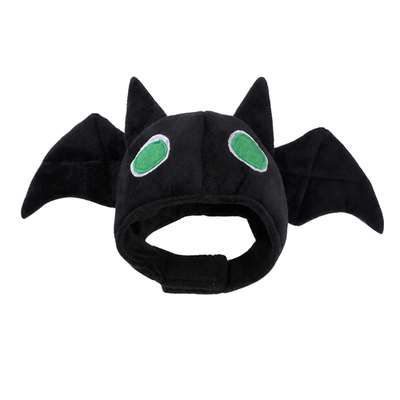 Black Halloween Bat Hat for Cats and Dogs Black plush Halloween bat hat for cats and small dogs with wings, green eyes and adjustable chin strap