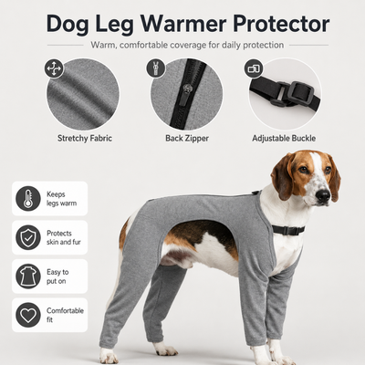 Dog Leg Warmer Protector with Zipper and Buckle Dog leg warmer protector featuring stretchy fabric, back zipper and adjustable buckle