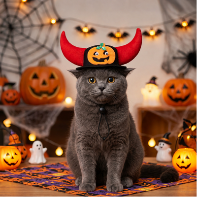 Halloween Devil Horn Pumpkin Hat for Cats Gray cat wearing Halloween pumpkin devil horn pet hat with adjustable chin strap