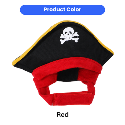 Red Halloween Pirate Hat for Pets Red and black pet pirate hat with yellow trim and skull logo, designed for Halloween costumes for cats and small dogs.