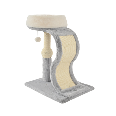 Gray Cat Scratching Tower with Sisal Scratcher and Top Bed Gray cat scratching tower with curved sisal scratching board, scratching post, hanging ball toy and plush top bed