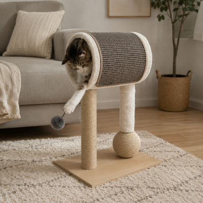 Indoor Cat Tree with Tunnel Scratcher for Living Room Cat playing inside a tunnel cat tree with sisal scratching posts and hanging pom pom toy in a living room