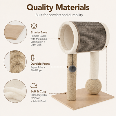 Cat Tree with Sisal Rope and Soft Plush Materials Cat tree made with particle board, paper tube, sisal rope, polyester PV plush and soft rabbit plush