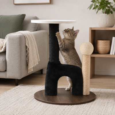 Indoor Cat Scratching Post with Top Perch Cat using black sisal scratching post on modern cat tree with elevated perch in living room