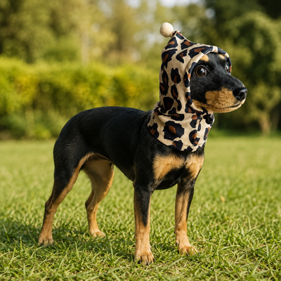 Leopard Fleece Dog Hood for Outdoor Wear Small dog wearing a leopard print fleece hood outdoors on grass
