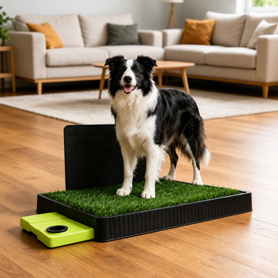 Indoor Artificial Grass Dog Potty Tray for Home Dog standing on artificial grass potty tray with splash guard and pull-out drawer in a living room