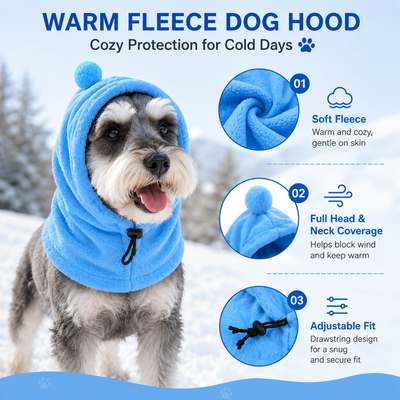Warm Fleece Dog Hood for Cold Weather Schnauzer wearing a warm blue fleece dog hood with adjustable drawstring and full head and neck coverage