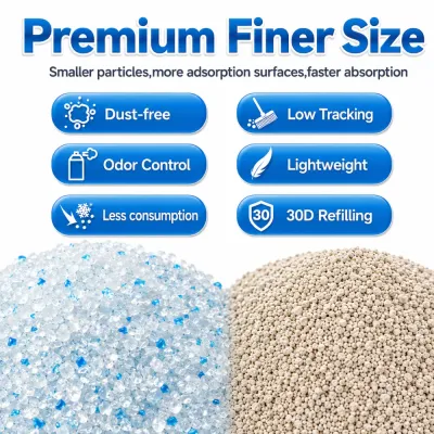 Fine Crystal Cat Litter with Dust Free and Low Tracking Features fine crystal cat litter particles showing dust free, odor control, lightweight and low tracking benefits