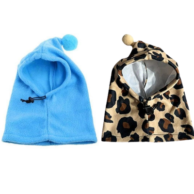 Blue and Leopard Print Fleece Dog Hoods Blue fleece dog hood and leopard print dog hood with pom pom and adjustable drawstring