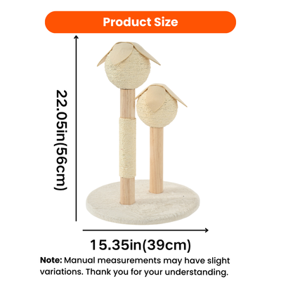 Beige sisal cat scratching post measuring 15.35 inches wide and 22.05 inches high