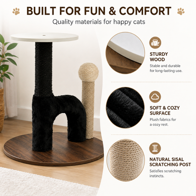 Cat Tree with Wood Base Plush Surface and Sisal Posts Cat tree material details showing sturdy wood, soft plush fabric and natural sisal scratching post