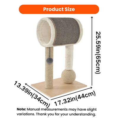 Compact Cat Tree Size 44 x 34 x 65 cm Cat tree dimensions 17.32 x 13.39 x 25.59 inches with tunnel bed and scratching posts