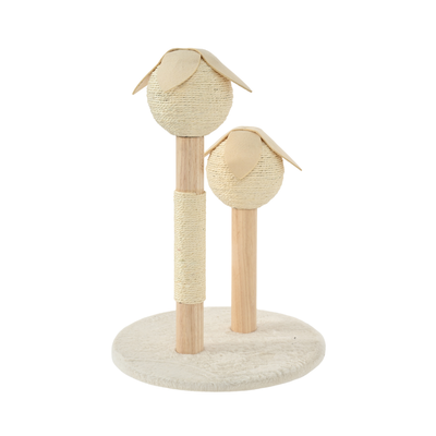 Modern beige cat scratching post with two sisal-covered flower balls and soft plush base