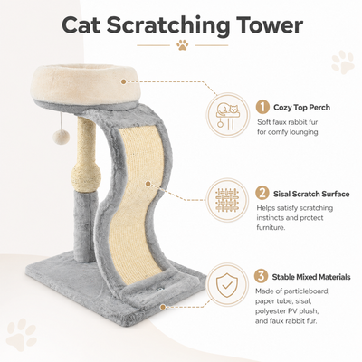 Sisal Cat Scratching Tower with Cozy Top Perch Cat scratching tower with faux rabbit fur top perch, sisal scratch surface and stable particleboard base