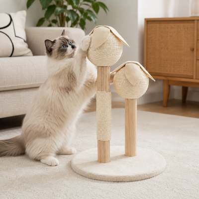 Fluffy indoor cat scratching a beige sisal flower-shaped cat scratching post in a living room