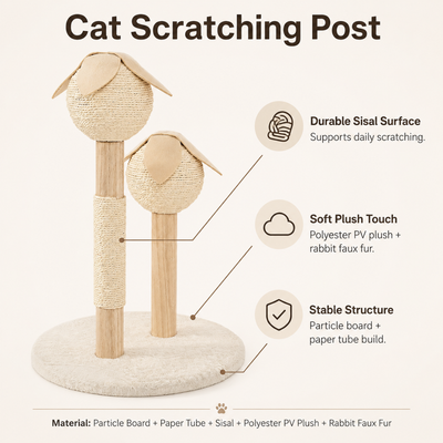 Cat scratching post with durable sisal, plush base, particle board and paper tube structure