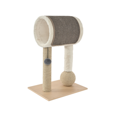 Cat Tree with Tunnel Bed and Sisal Scratching Posts Modern cat tree with plush tunnel bed, sisal scratching posts, hanging pom pom toy and light oak base