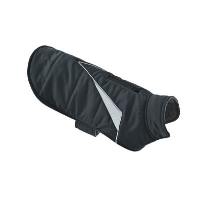 Black Reflective Dog Winter Coat Side View Side view of black reflective dog winter coat with padded body, reflective panel and high neck design