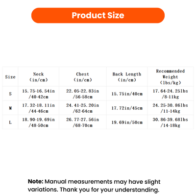 Reflective Padded Dog Jacket Size Chart S M L Reflective padded dog jacket size chart showing neck, chest, back length and recommended dog weight for sizes S M and L