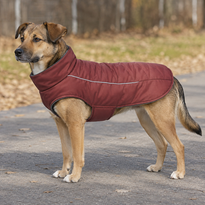 Medium dog wearing a red reflective padded winter jacket during an outdoor walk